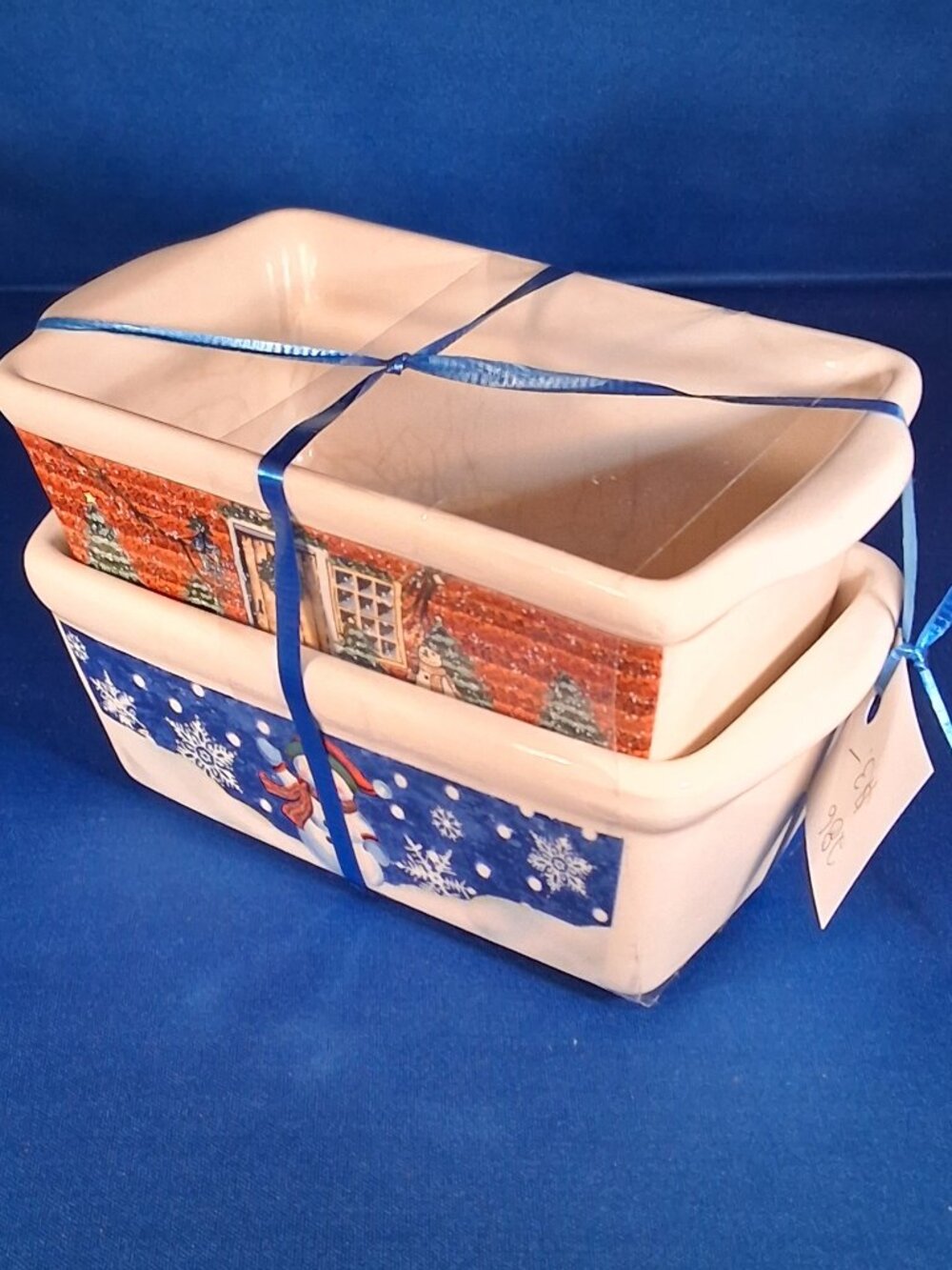 Century Ceramic Loaf Pan Baking Dishes Set of 2 • Christmas Snowman Winter Cabin - Picture 4 of 7